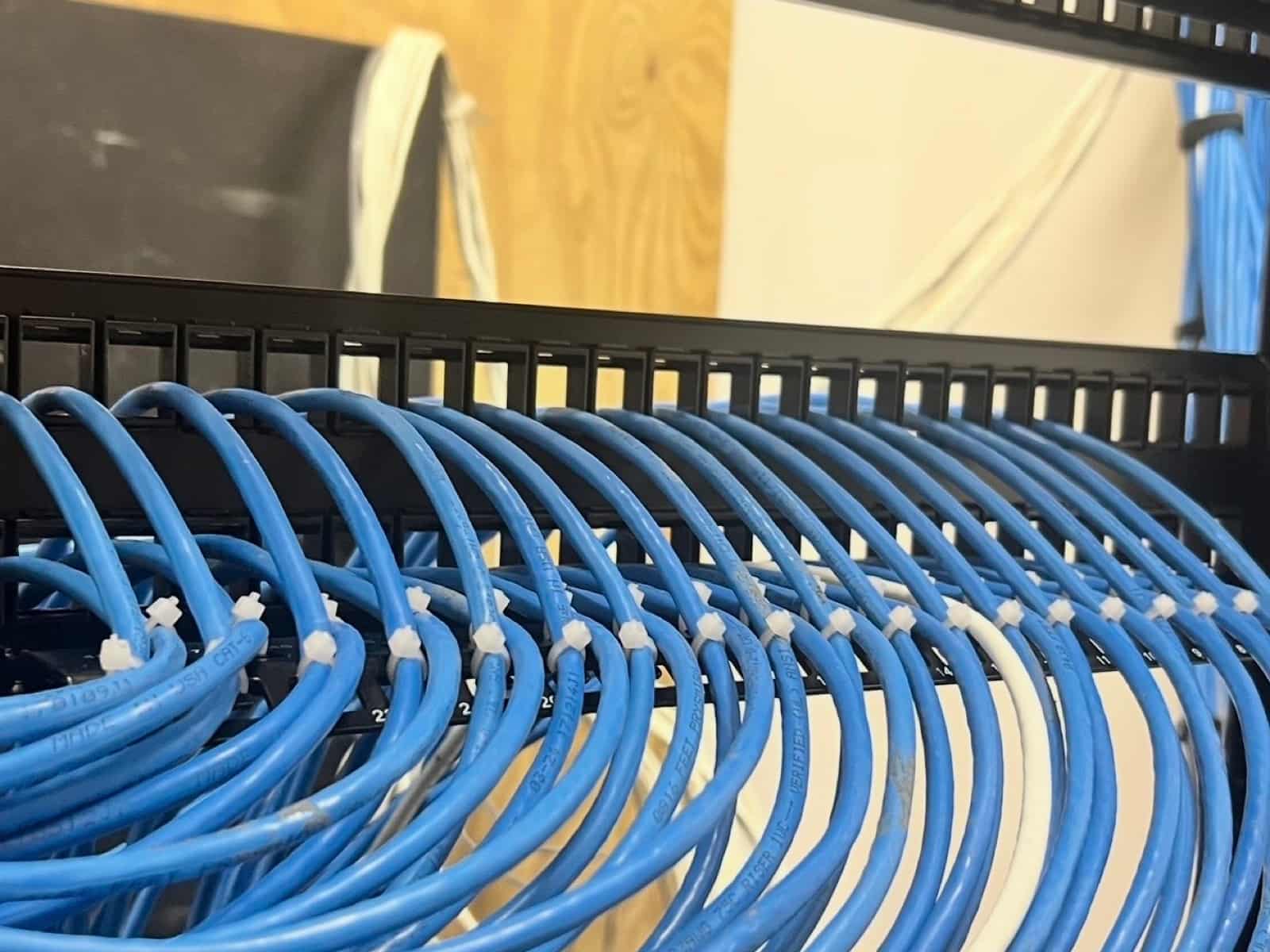 Blue Cat6 cables dressed into even service loops feeding a rack-mounted patch panel